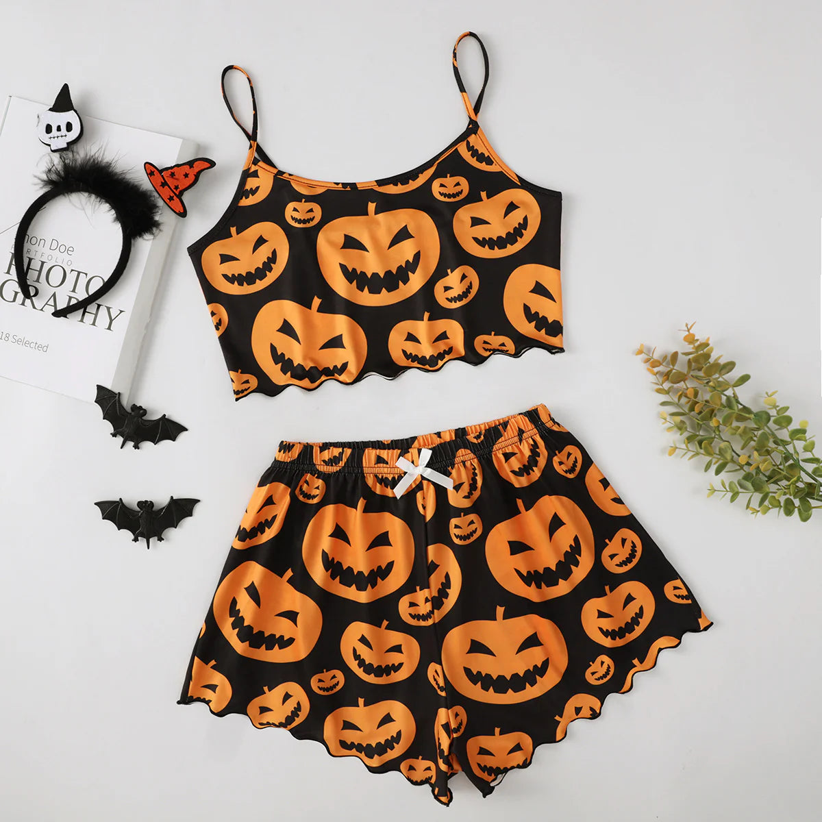 Spooktacular Comfort: Women's Halloween-Themed Polyester Fiber Two-Piece Pajama Set