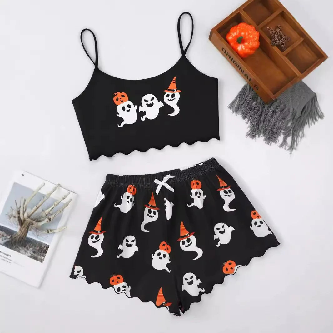 Spooktacular Comfort: Women's Halloween-Themed Polyester Fiber Two-Piece Pajama Set